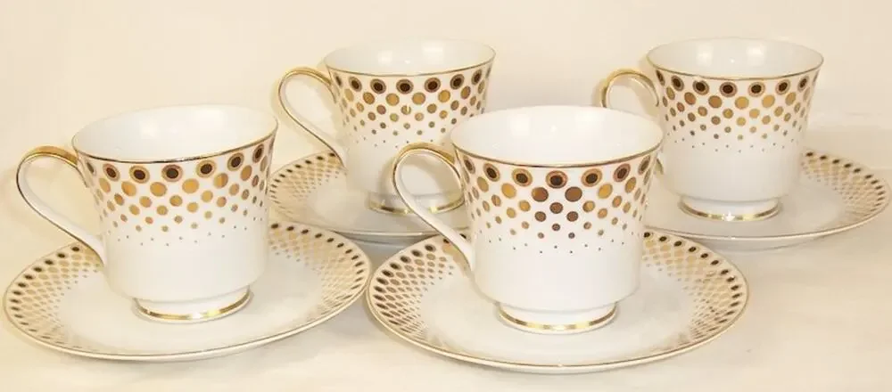 Mikasa Narumi Embassy 5879 Cup & Saucer Vintage Japan Gold Dotted Rim Set of 4